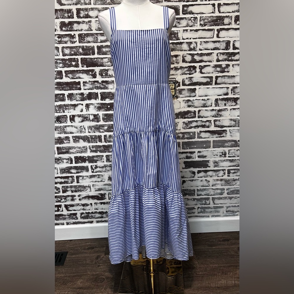 Coastal Nautical Striped Dropped Waist Tiered Ruffle Hi Lo Dress Sz 8 - Picture 3 of 8